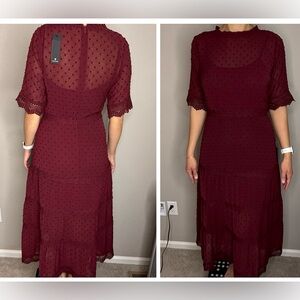 Lulus Wine Red Swiss Dot Crochet Lace Tiered Midi Dress M NWT Wedding Guest